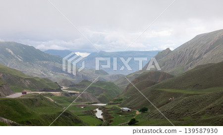 Mountain valley landscape with river and road in Dagestan, Caucasus region Mountain valley landscape with river and road in Dagestan, Caucasus region 139587930