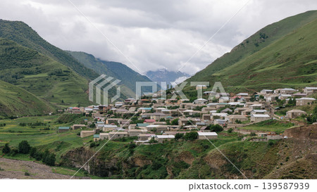 Mountain village panorama of Irib with green valley landscape in Dagestan Mountain village panorama of Irib with green valley landscape in Dagestan 139587939