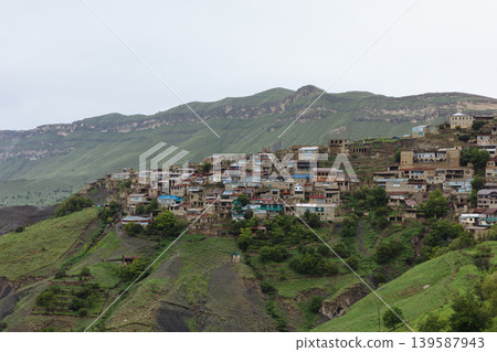 Mountain village of Chokh on green hillside in Dagestan, Caucasus region 139587943