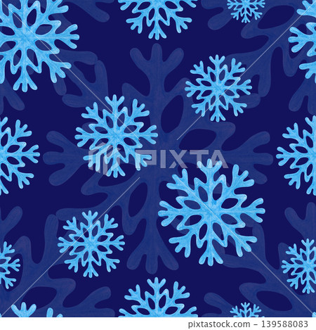 Seamless pattern of hand-drawn blue snowflakes on a dark blue background. The illustration is made with colored pencils. Seamless pattern of hand-drawn blue snowflakes on a dark blue background. The illustration is made with colored pencils. 139588083