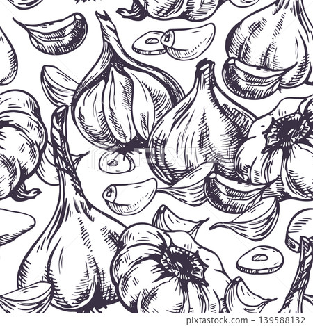 Garlic bulb and clove seamless pattern. Hand drawn ink illustration of vegetable. Graphic line art sketch for kitchen textile, restaurant menu, food packaging and organic farm design. Garlic bulb and clove seamless pattern. Hand drawn ink illustration of vegetable. Graphic line art sketch for kitchen textile, restaurant menu, food packaging and organic farm design. 139588132