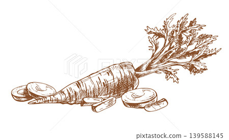 Carrot vegetable illustration drawn with ink pen. Hand drawn graphic line art style of sliced carrot with green leaves. Design element for food menu, ingredient recipe and grocery. 139588145