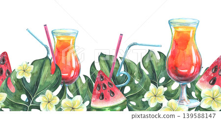 Watercolor illustration of tropical cocktails with watermelon slices and monstera leaves. Hand drawn seamless border design for summer vacation party beach bar and holiday decoration. 139588147