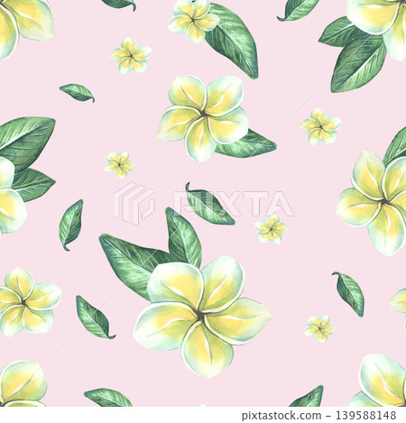 Seamless pattern with hand painted watercolor plumeria flowers and tropical leaves on pastel pink background. Botanical illustration of exotic frangipani flora for fabric or wallpaper. Seamless pattern with hand painted watercolor plumeria flowers and tropical leaves on pastel pink background. Botanical illustration of exotic frangipani flora for fabric or wallpaper. 139588148