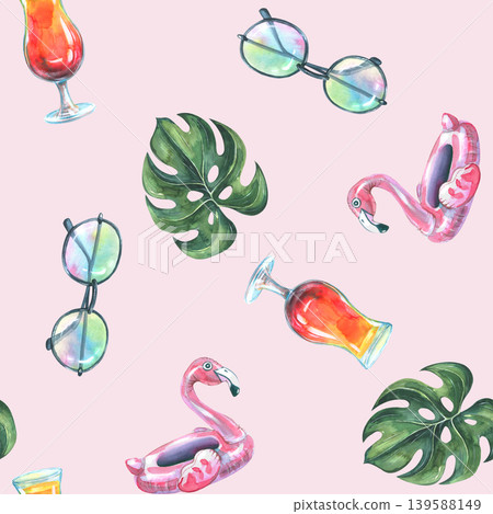 Watercolor seamless pattern with tropical plants and beach accessories. Hand drawn monstera leaf, flamingo pool float, cocktail and sunglasses. Summer vacation and holiday background. Watercolor seamless pattern with tropical plants and beach accessories. Hand drawn monstera leaf, flamingo pool float, cocktail and sunglasses. Summer vacation and holiday background. 139588149
