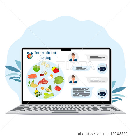 Intermittent fasting concept on laptop screen with healthy food icons and chatbot interaction Intermittent fasting concept on laptop screen with healthy food icons and chatbot interaction 139588291