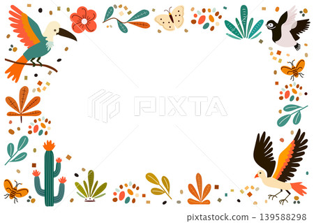 Colorful birds and plants create decorative frame with white background and copy space Colorful birds and plants create decorative frame with white background and copy space 139588298
