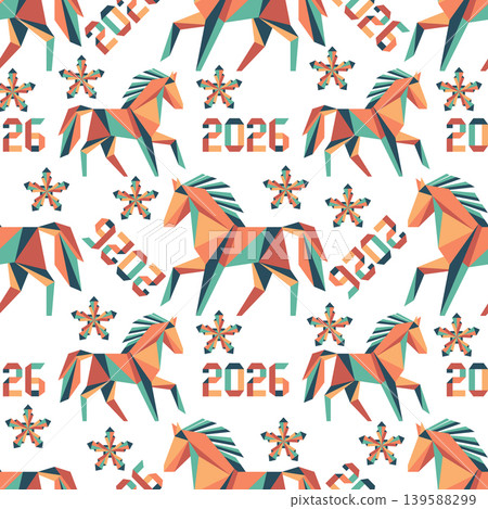 Geometric horse pattern with snowflakes and numbers on white background for New Year 2026 Geometric horse pattern with snowflakes and numbers on white background for New Year 2026 139588299