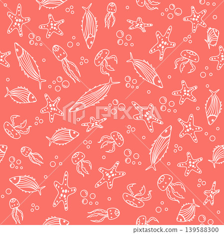 Seamless pattern of hand-drawn sea creatures on coral background for beach-themed design Seamless pattern of hand-drawn sea creatures on coral background for beach-themed design 139588300