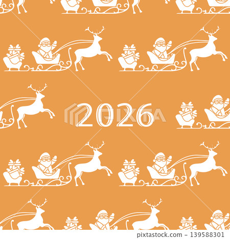Christmas pattern with Santa Claus and reindeer on orange background with text 2026 Christmas pattern with Santa Claus and reindeer on orange background with text 2026 139588301