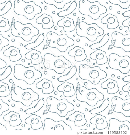 Seamless pattern with fried eggs, sausages, and leafy greens in simple line art style background Seamless pattern with fried eggs, sausages, and leafy greens in simple line art style background 139588302
