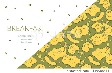 Eggs and bacon pattern with text on white and green background, suitable for breakfast theme Eggs and bacon pattern with text on white and green background, suitable for breakfast theme 139588311