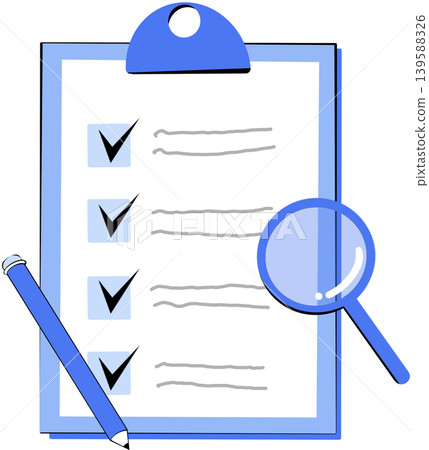 Clipboard checklist with black check marks, magnifying glass and pen for audit and task management concept Clipboard checklist with black check marks, magnifying glass and pen for audit and task management concept 139588326