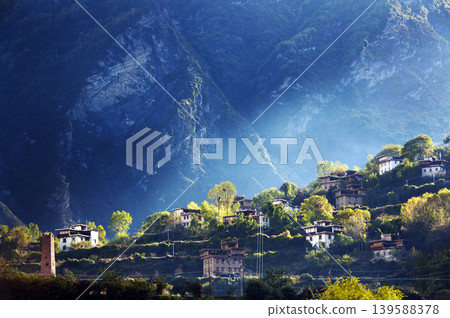 A mountain village in the Tanba Valley, bathed in sunlight. A mountain village in the Tanba Valley, bathed in sunlight. 139588378