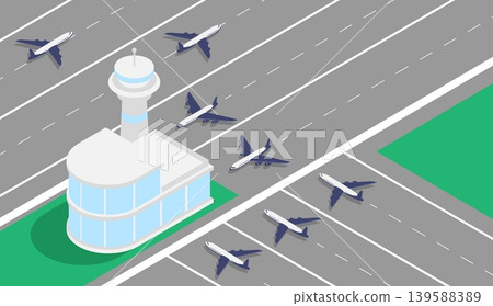 Isometric airport building with control tower and the runway is occupied by planes. 3D cartoon vector concept 139588389