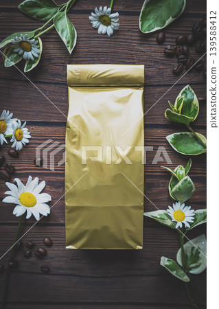 Mock-up craft paper pouch bag top view over white wooden table lying at coffee beans 139588412