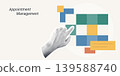 Trendy Halftone Collage of a halftone hand touching a colorful block calendar schedule interface, symbolizing appointment management and planning, ideal for business and productivity content. 139588740