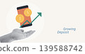 Trendy Halftone Collage of a halftone hand holding a mobile phone with a rising arrow chart and dollar coins, symbolizing growing deposit and financial gain, ideal for banking and investment content. 139588742