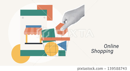 Trendy Halftone Collage of a halftone hand adding items into a shopping cart beside a store front on mobile screen, symbolizing online shopping and e-commerce, ideal for retail and digital marketing c Trendy Halftone Collage of a halftone hand adding items into a shopping cart beside a store front on mobile screen, symbolizing online shopping and e-commerce, ideal for retail and digital marketing c 139588743