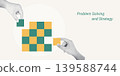 Trendy Halftone Collage of two halftone hands placing missing pieces into a checkered grid pattern, symbolizing problem solving and strategy, ideal for business and management content. 139588744