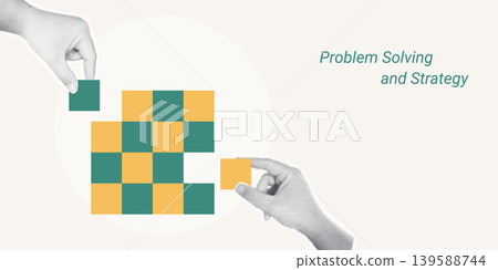 Trendy Halftone Collage of two halftone hands placing missing pieces into a checkered grid pattern, symbolizing problem solving and strategy, ideal for business and management content. 139588744