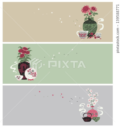 Traditional Asian vase with flowers, plate, bowl and kettle, vector vintage oriental porcelain tableware art background Traditional Asian vase with flowers, plate, bowl and kettle, vector vintage oriental porcelain tableware art background 139588771