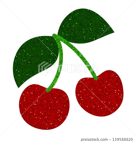 Two red cherries with green leaves, covered in a dense shimmering glitter texture Two red cherries with green leaves, covered in a dense shimmering glitter texture 139588820