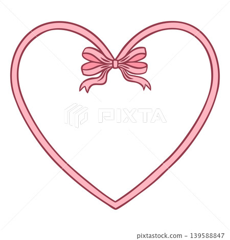Pink doodle heart shape frame with bow, lace ribbon border coquette style, girly love vector contoured decoration 139588847