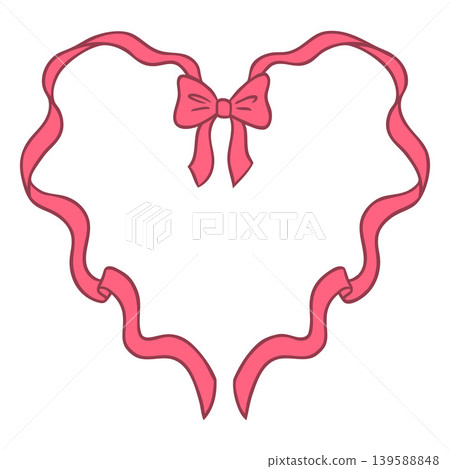 A heart-shaped outline frame made of thin red ribbon with a decorative bow at the top. A heart-shaped outline frame made of thin red ribbon with a decorative bow at the top. 139588848