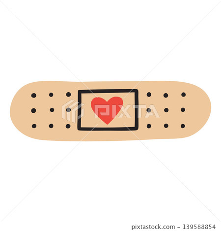 Sterile bandage with heart print doodle vector icon, girly first aid plaster adhesive tape, romantic medical protection Sterile bandage with heart print doodle vector icon, girly first aid plaster adhesive tape, romantic medical protection 139588854