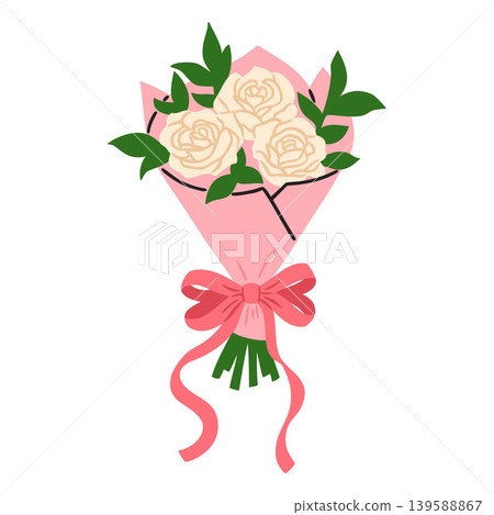 White rose flowers wrapped bouquet with leaves decorated with ribbon bow, vector doodle blossom beautiful romantic gift White rose flowers wrapped bouquet with leaves decorated with ribbon bow, vector doodle blossom beautiful romantic gift 139588867