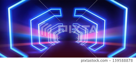 Blue neon lines corridor with light effects, tunnel with electric glowing laser frame and pink shine, luminous portal Blue neon lines corridor with light effects, tunnel with electric glowing laser frame and pink shine, luminous portal 139588878