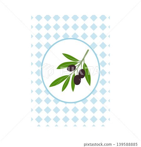 Branch of black olives with leaves on blue checkered pattern, olive fruit farm product, Mediterranean vector flat design Branch of black olives with leaves on blue checkered pattern, olive fruit farm product, Mediterranean vector flat design 139588885