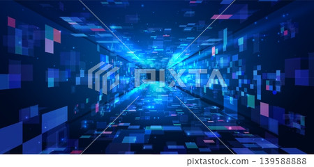 Tunnel with neon planes, abstract techno digital vector background, data center corridor with blue light glowing blocks Tunnel with neon planes, abstract techno digital vector background, data center corridor with blue light glowing blocks 139588888