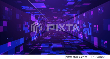 Tunnel with neon planes, data center corridor with blue purple light glowing blocks, abstract digital vector background Tunnel with neon planes, data center corridor with blue purple light glowing blocks, abstract digital vector background 139588889