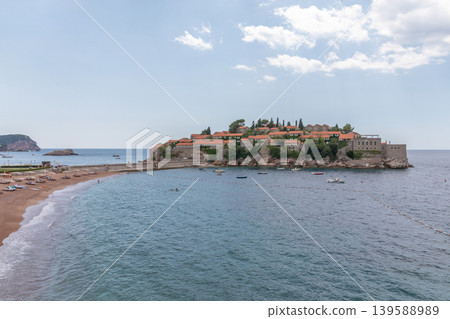 Scenic beach and island resort view in Sveti Stefan on the Adriatic Sea Scenic beach and island resort view in Sveti Stefan on the Adriatic Sea 139588989