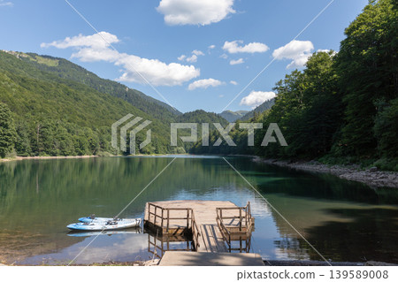 Wooden pier on Biogradska Gora lake in Biogradska Gora National Park Wooden pier on Biogradska Gora lake in Biogradska Gora National Park 139589008