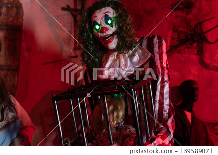 Creepy clown animatronic with glowing eyes at Sonkina Laguna in Satka park Creepy clown animatronic with glowing eyes at Sonkina Laguna in Satka park 139589071