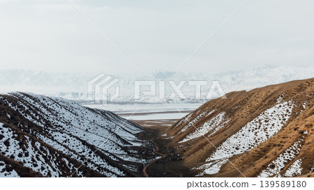 Snowy mountain valley landscape near Issyk-Kul Lake in Kyrgyzstan, winter Snowy mountain valley landscape near Issyk-Kul Lake in Kyrgyzstan, winter 139589180