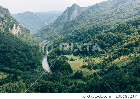 Tara River Canyon landscape with winding river and forested mountains, Montenegro Tara River Canyon landscape with winding river and forested mountains, Montenegro 139589237