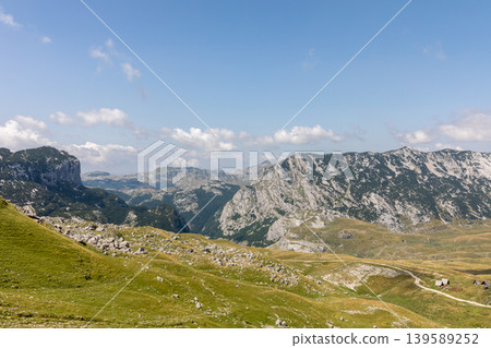 Mountain landscape in Durmitor National Park with rocky peaks and green meadows Mountain landscape in Durmitor National Park with rocky peaks and green meadows 139589252