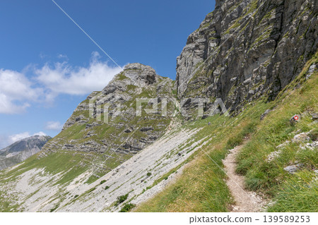 Hiking trail to Bobotov Kuk summit in Durmitor National Park mountain landscape Hiking trail to Bobotov Kuk summit in Durmitor National Park mountain landscape 139589253