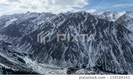 Dramatic snowcapped Tian Shan mountains and valley landscape in Chuy Region Dramatic snowcapped Tian Shan mountains and valley landscape in Chuy Region 139589343