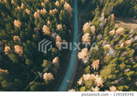 Aerial view of winding road through autumn forest in the Ural Mountains region Aerial view of winding road through autumn forest in the Ural Mountains region 139589348