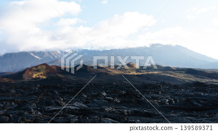 Tolbachinsky Dol volcanic landscape with lava fields and mountains, Kamchatka Tolbachinsky Dol volcanic landscape with lava fields and mountains, Kamchatka 139589371