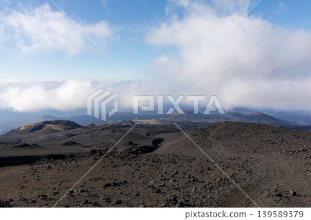 Volcanic landscape of Tolbachinsky Dol lava field under clouds, Kamchatka 139589379