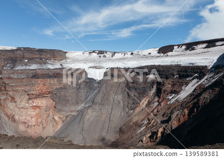 Snow-covered crater of Plosky Tolbachik volcano in Kamchatka under blue sky Snow-covered crater of Plosky Tolbachik volcano in Kamchatka under blue sky 139589381