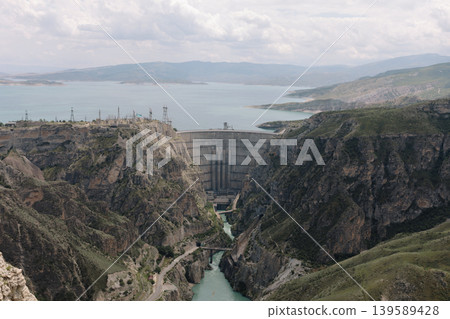 Panoramic view of Chirkey Hydroelectric Power Station dam and reservoir in Dagestan 139589428