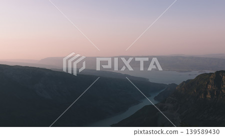 Panoramic view of Sulak Canyon and turquoise river at sunrise, Dagestan 139589430