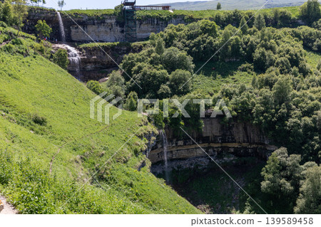 Matlas waterfalls cascading over limestone cliffs in green mountain valley landscape Matlas waterfalls cascading over limestone cliffs in green mountain valley landscape 139589458